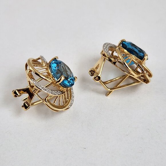 True VTG 14K Solid Gold Natural Blue Topaz Round w/ Cut Omega Clasps / Stud - Picture 2 of 10